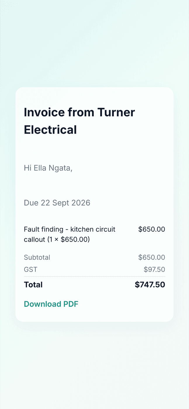 What the customer sees: the invoice on their phone with a PDF download