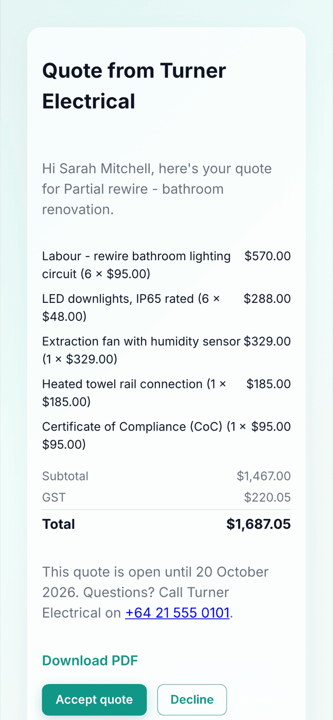 What the customer sees: the quote on their phone with Accept quote and Decline buttons