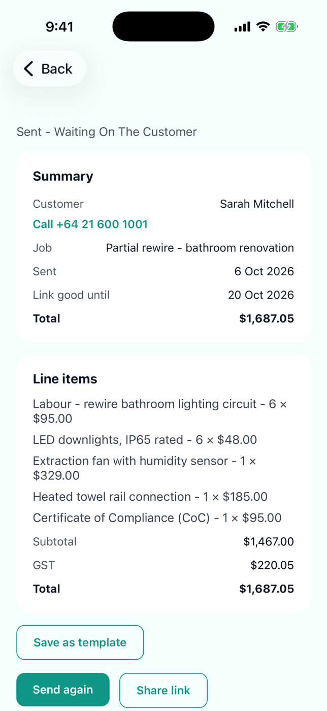 A quote in the Carabo mobile app, with line items, GST and total