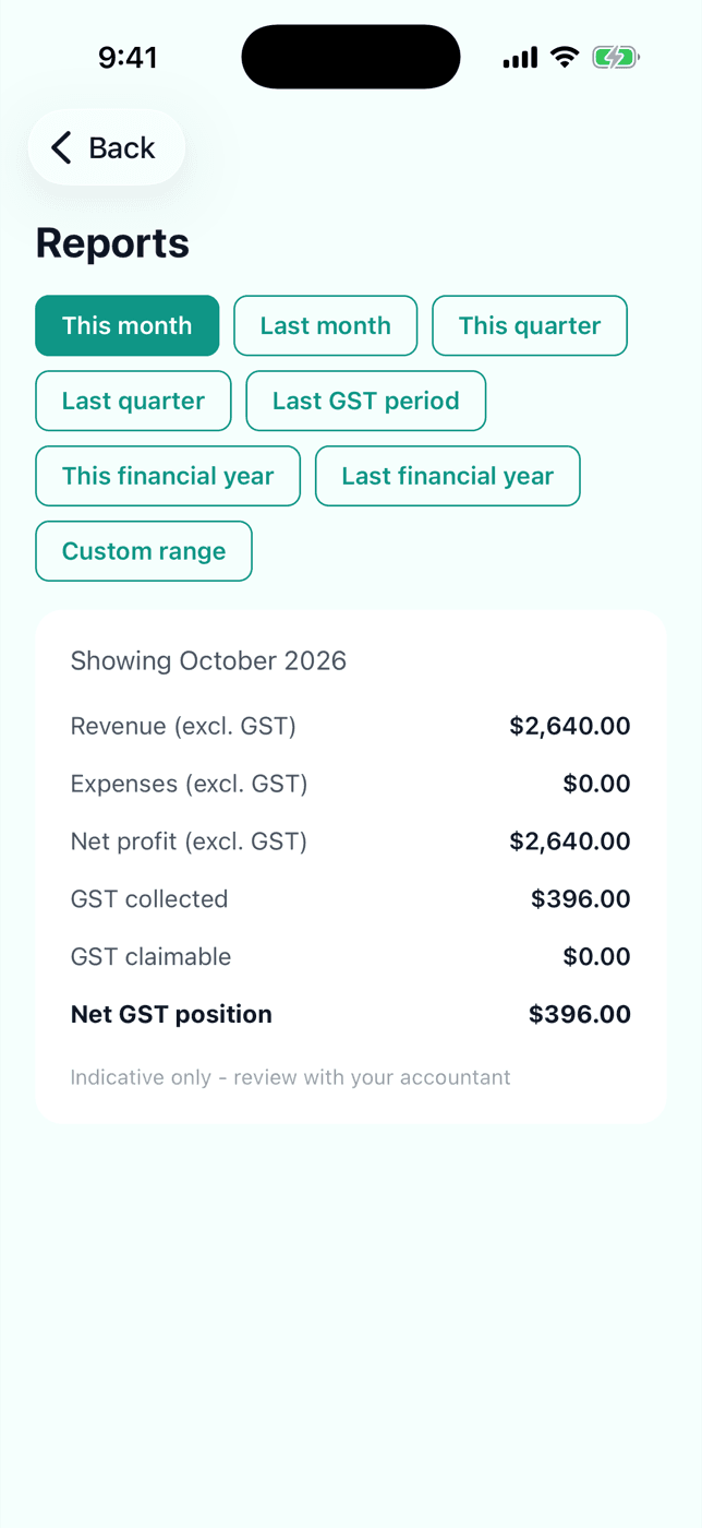 Reports in the Carabo mobile app showing revenue, expenses, profit and GST