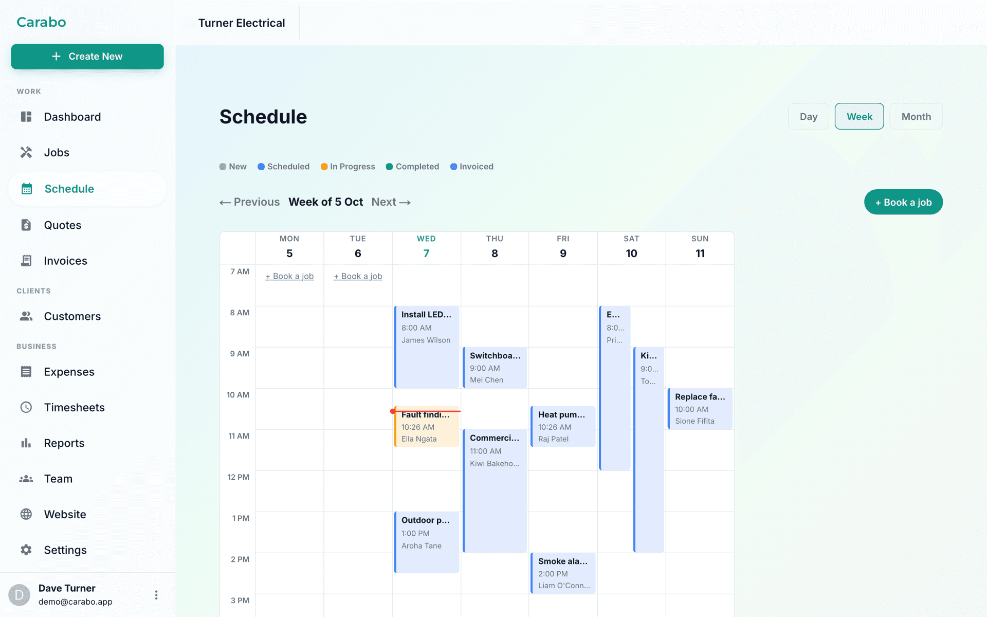 The Carabo week calendar with jobs booked across the week